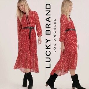 Lucky Brand Women's Ryan Long Sleeve Midi/Maxi Dress Size L Color Red Multi $149